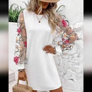 Clasi Holiday Flower Embroidery Mesh Splice Dress